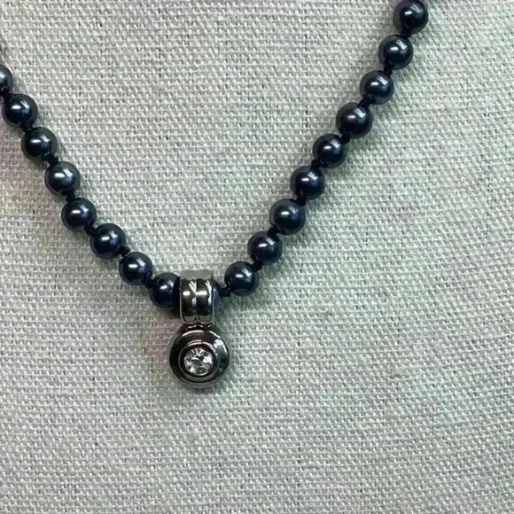 Vintage Grey Faux Glass Pearl Necklace with Removable Rhinestone Enhancer - Picture 2 of 4
